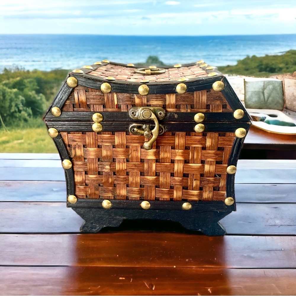 Vintage Woven Wicker and Wood Treasure Chest Jewelry Box with Brass Studs